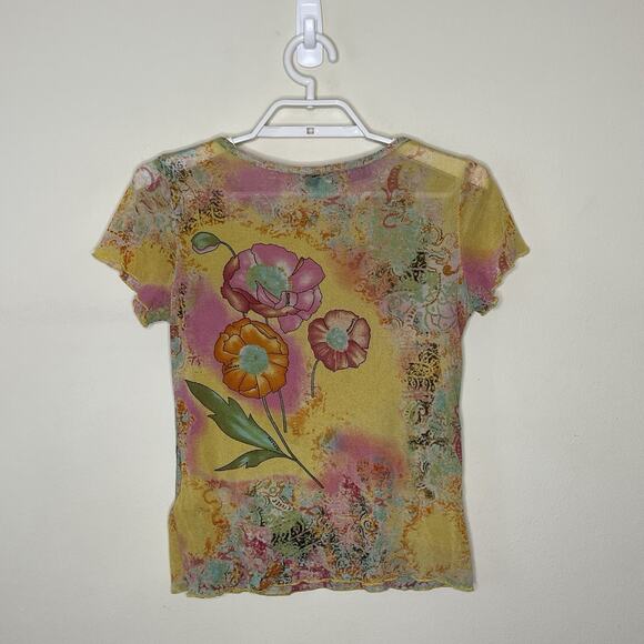 Vtg Yellow Colorful Sheer Mesh Flower Paisley Graphic Baby T Shirt Y2K Fairy M - Picture 5 of 9